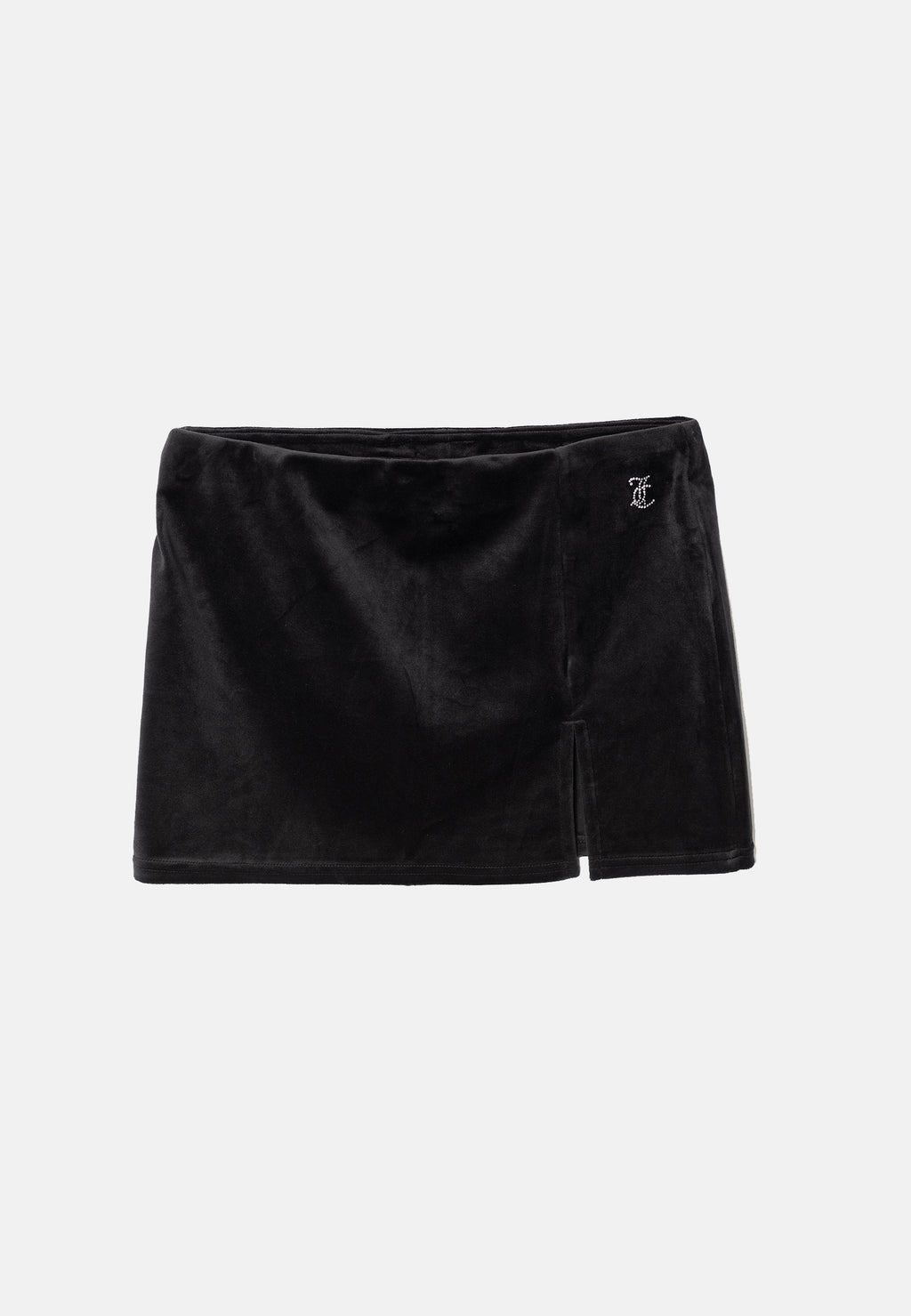 Minigonna Juicy in velluto con spacco laterale e logo in strass colore Nero