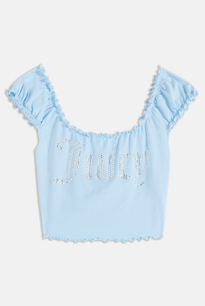 Top Juicy aderente in cottone con logo in strass colore Azzurro