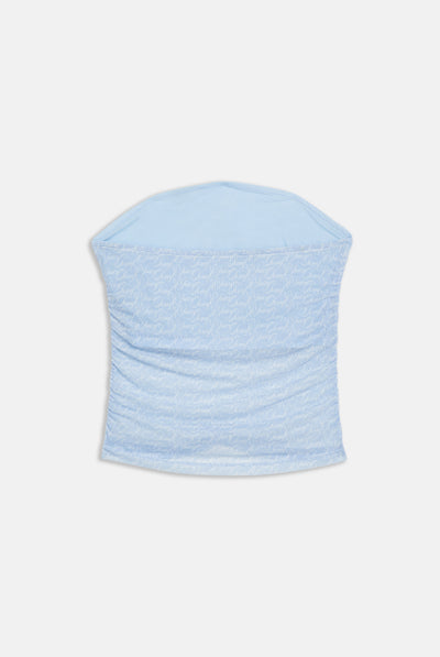 Top Juicy senza spalline in mesh stampato con motivo logo all over colore Azzurro
