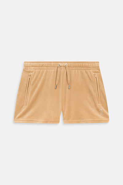 Pantaloncini Tamia Caramello dorato con maxi logo strass