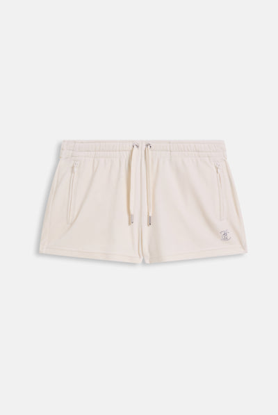 Pantaloncini Tamia in velluto classico con logo Juicy in strass tono su tono colore Panna