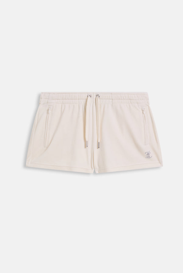 Pantaloncini Tamia in velluto classico con logo Juicy in strass tono su tono colore Panna