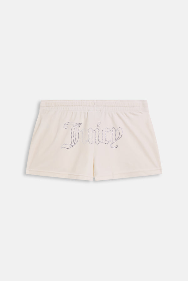 Pantaloncini Tamia in velluto classico con logo Juicy in strass tono su tono colore Panna