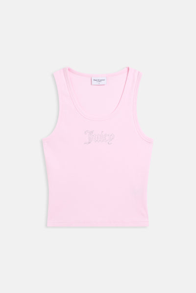 Canotta in jersey a costine con logo Juicy in strass tono su tono colore Cigliegio