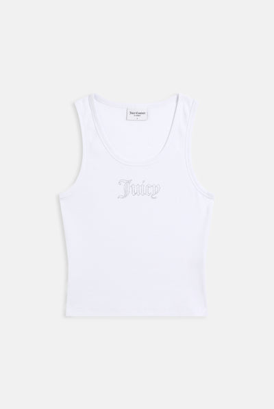 Canotta in jersey a costine con logo Juicy in strass tono su tono colore Bianco