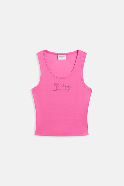 Canotta in jersey a costine con logo Juicy in strass tono su tono colore Rosa