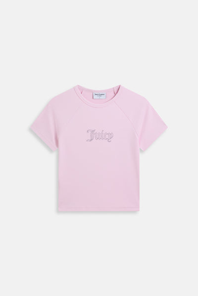 T-shirt Juicy Baby corta e aderente in jersey con logo Juicy in strass colore Rosa