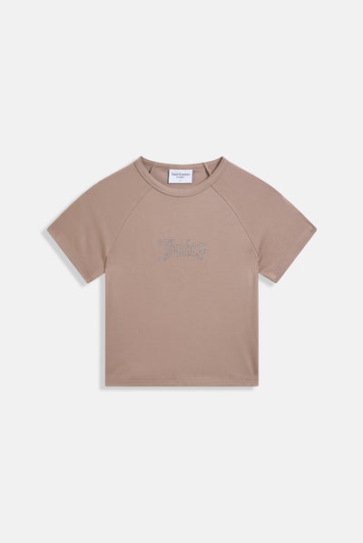 T-shirt Juicy Baby corta e aderente in jersey con logo Juicy in strass colore Beige