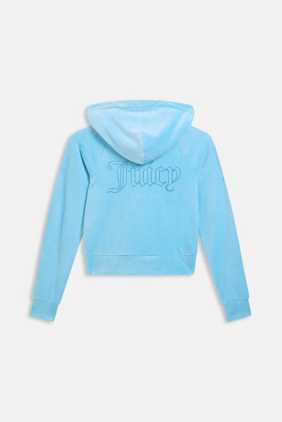 Felpa in velluto Madison con logo Juicy in strass tono su tono colore Celeste