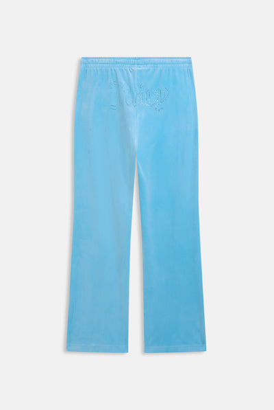 Pantaloni in velluto Tina con logo Juicy in strass tono su tono colore Celeste