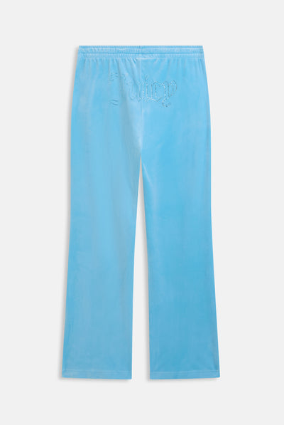 Pantaloni in velluto Tina con logo Juicy in strass tono su tono colore Celeste