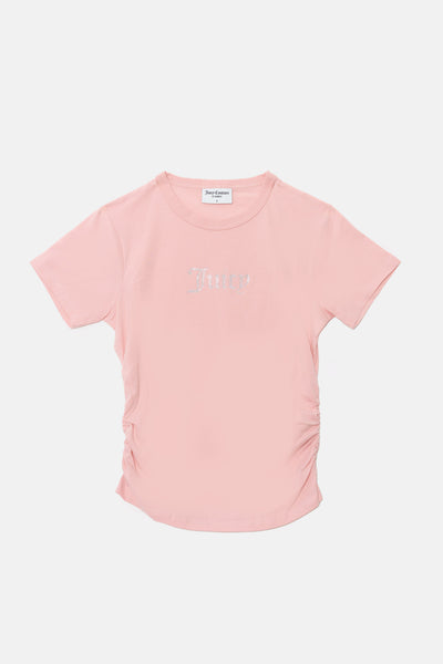 T-shirt Juicy aderente e arricciata con logo Juicy in strass colore Rosa