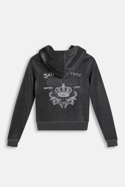 Felpa Aderente in Velluto con Cappuccio e Logo Regal Rebelle Ricamato con Strass – Grigio Profondo