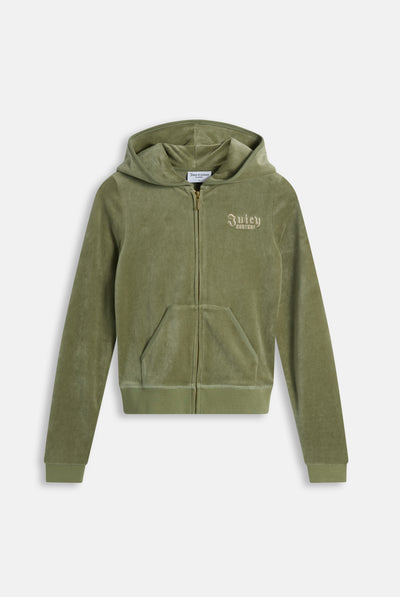 Felpa Aderente in Velluto con Cappuccio e Logo Regal Rebelle Ricamato con Strass – Verde Oliva