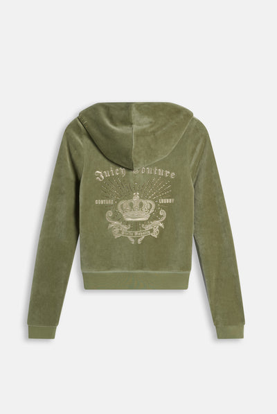 Felpa Aderente in Velluto con Cappuccio e Logo Regal Rebelle Ricamato con Strass – Verde Oliva