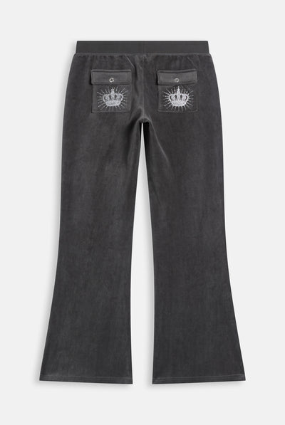 Pantaloni Flare in Velluto a Vita Ultra Bassa con Logo Regal Rebelle Ricamato con Strass – Grigio Profondo