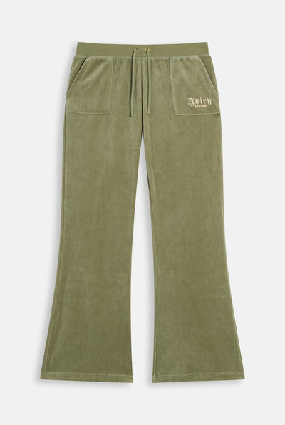 Pantaloni Flare in Velluto a Vita Ultra Bassa con Logo Regal Rebelle Ricamato con Strass – Verde Oliva
