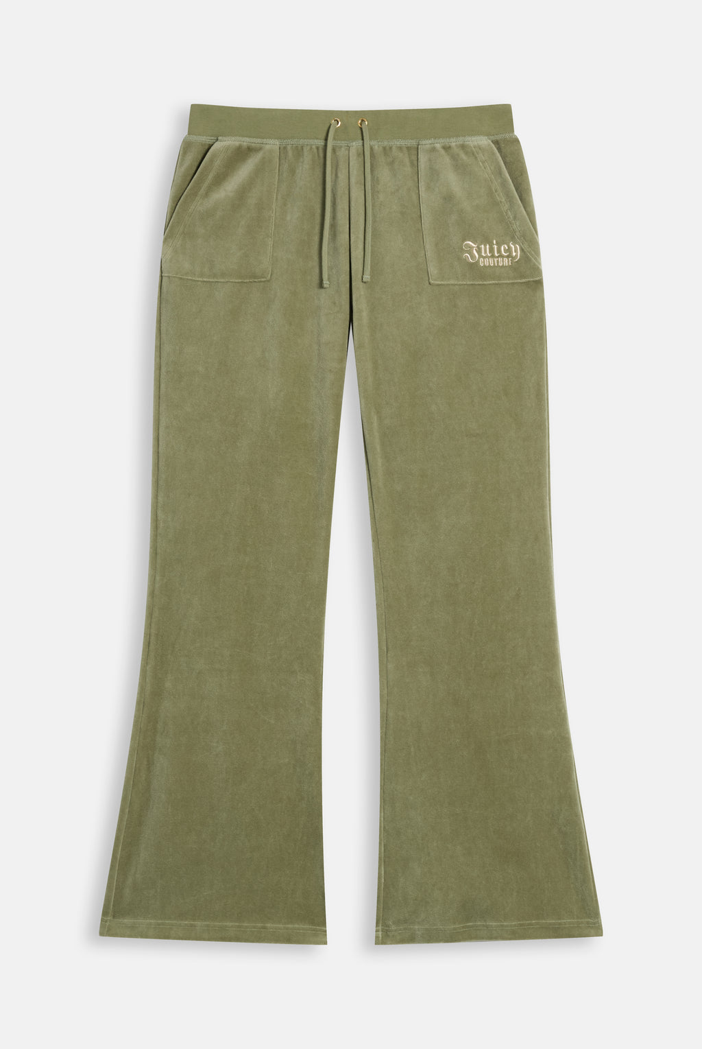 Pantaloni Flare in Velluto a Vita Ultra Bassa con Logo Regal Rebelle Ricamato con Strass – Verde Oliva