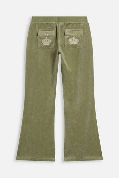 Pantaloni Flare in Velluto a Vita Ultra Bassa con Logo Regal Rebelle Ricamato con Strass – Verde Oliva