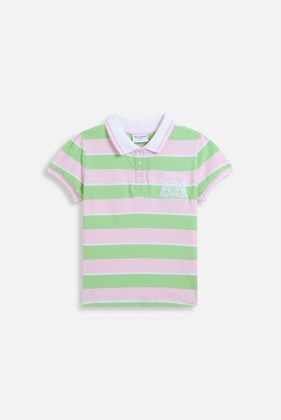 Polo Juicy a maniche a sbuffo in jersey piqué aderente con stemma cane Juicy ricamato a righe rosa e verde
