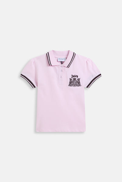 Polo Juicy a maniche a sbuffo in jersey piqué aderente con stemma cane Juicy ricamato colore rosa