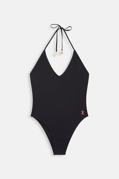 Costume intero Juicy con scollo a V, laccetti al collo e logo a contrasto colore Nero