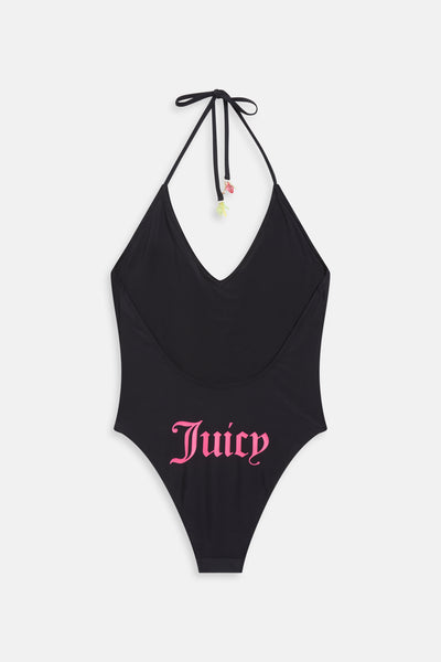 Costume intero Juicy con scollo a V, laccetti al collo e logo a contrasto colore Nero