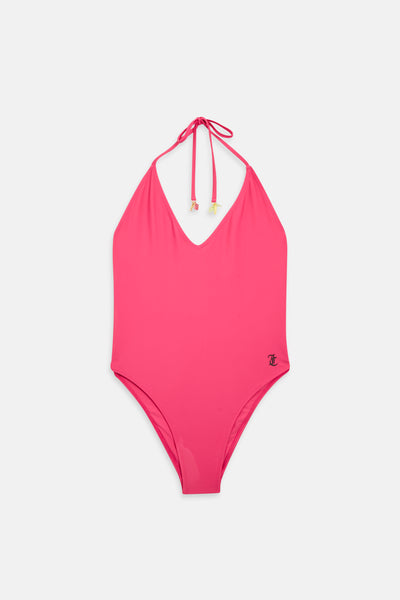 Costume intero Juicy con scollo a V, laccetti al collo e logo a contrasto colore Rosa