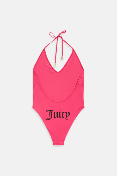 Costume intero Juicy con scollo a V, laccetti al collo e logo a contrasto colore Rosa