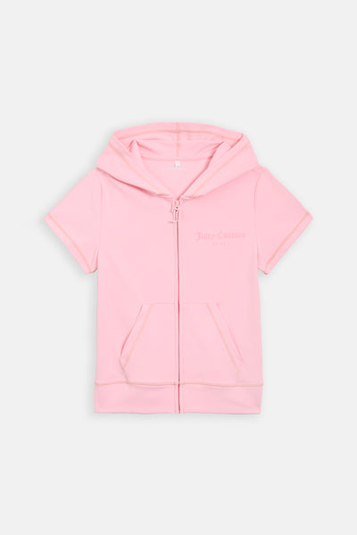 Felpa Juicy Couture a maniche corte con cappuccio in interlock e logo ricamato colore Rosa