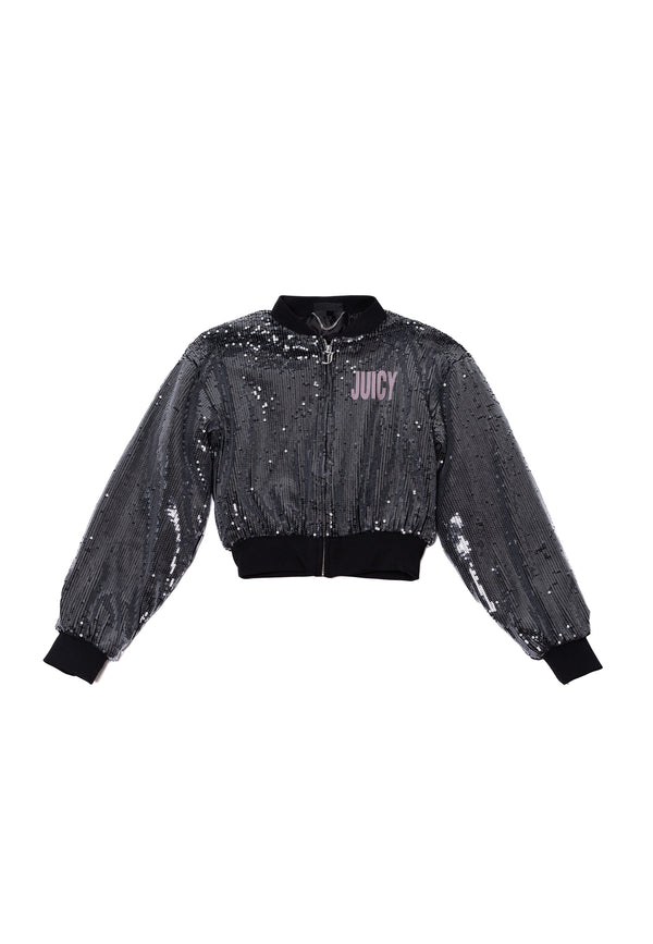 Bomber Juicy in velluto con paillettes, zip frontale e logo a contrasto colore Nero