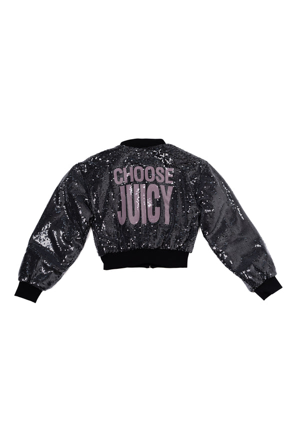 Bomber Juicy in velluto con paillettes, zip frontale e logo a contrasto colore Nero