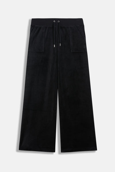 Pantaloni Wide Leg in Velluto con Tasche e Ricamo JC Tono su Tono – Nero