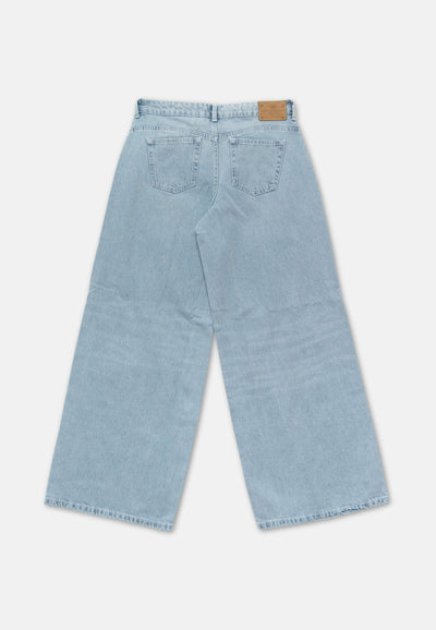 Jeans a gamba larga a vita media con logo strass Light Wash