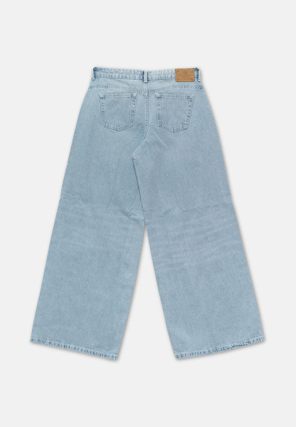 Jeans a gamba larga a vita media con logo strass Light Wash