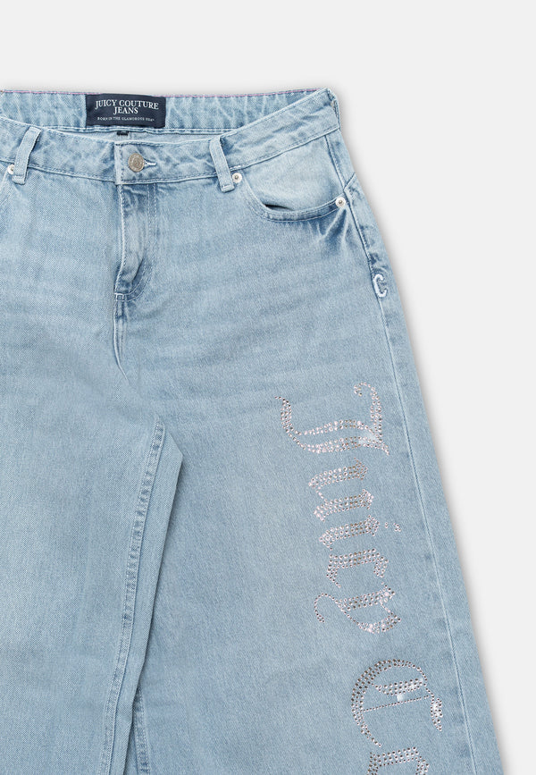 Jeans a gamba larga a vita media con logo strass Light Wash