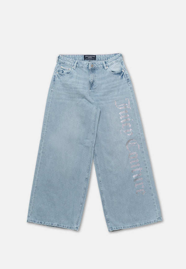 Jeans a gamba larga a vita media con logo strass Light Wash