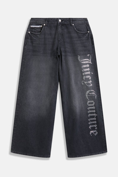 Jeans Diamante a gamba ampia con strass in denim nero