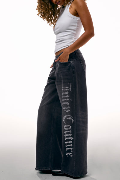 Jeans Diamante a gamba ampia con strass in denim nero