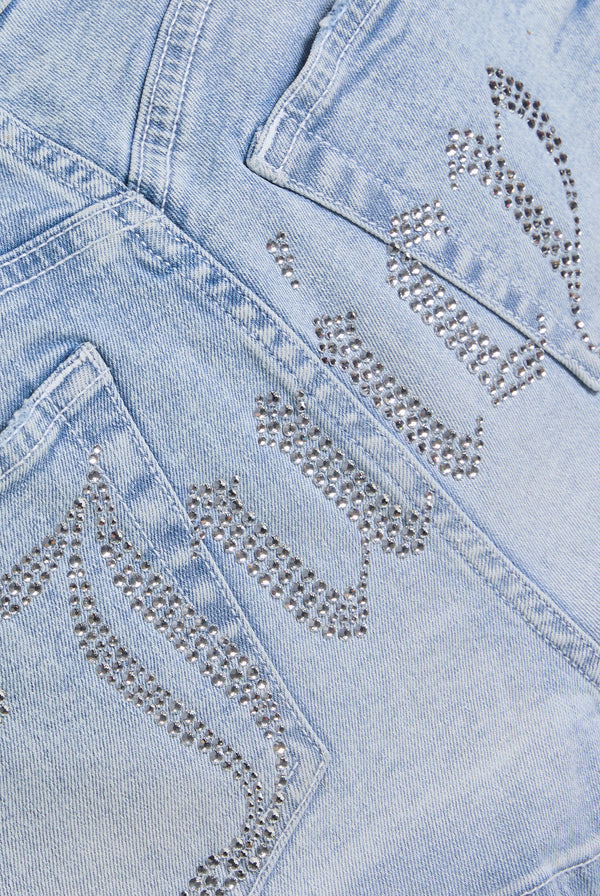 Pantaloncini Diamante aderenti con strass in denim blu chiaro