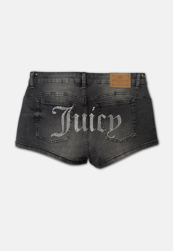 Pantaloncini in denim stretch con logo Juicy in strass Washed Black