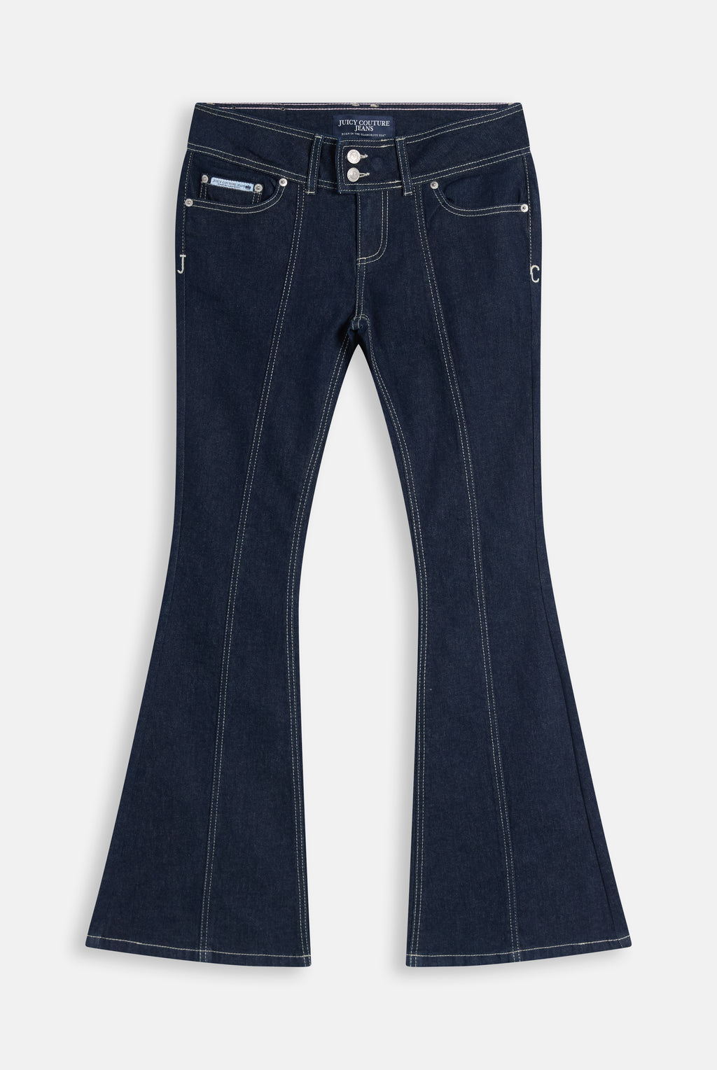 Jeans Flare a Vita Bassa con Ricamo JC e Dog Crest in Strass sulla Tasca Posteriore – Lavaggio Blu Scuro