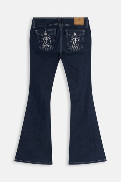 Jeans Flare a Vita Bassa con Ricamo JC e Dog Crest in Strass sulla Tasca Posteriore – Lavaggio Blu Scuro