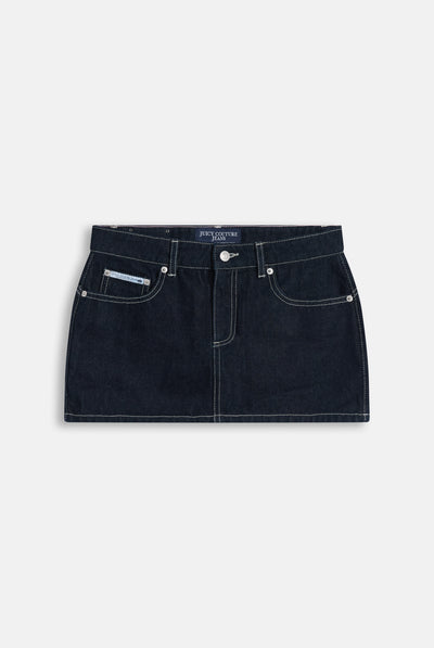 Minigonna in Denim a Vita Bassa con Ricamo Dog Crest sulla Tasca Posteriore – Lavaggio Blu Scuro