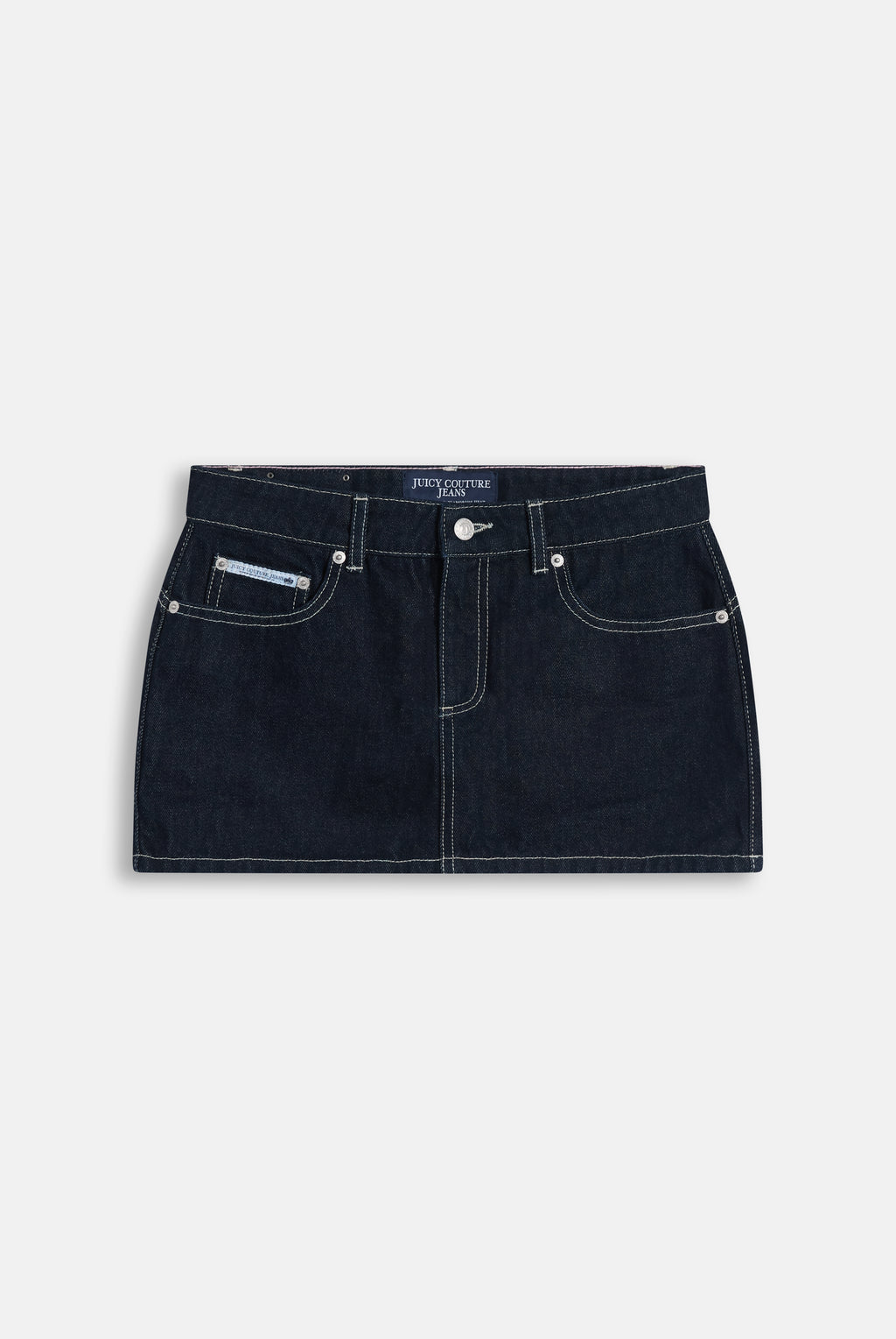 Minigonna in Denim a Vita Bassa con Ricamo Dog Crest sulla Tasca Posteriore – Lavaggio Blu Scuro