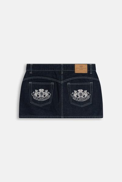 Minigonna in Denim a Vita Bassa con Ricamo Dog Crest sulla Tasca Posteriore – Lavaggio Blu Scuro
