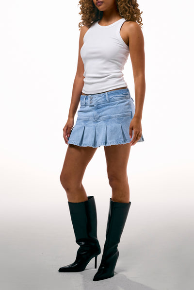 Minigonna Crest plissettata in denim blu chiaro