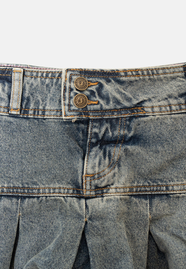 Crest mini gonna plissé in denim Vintage Wash
