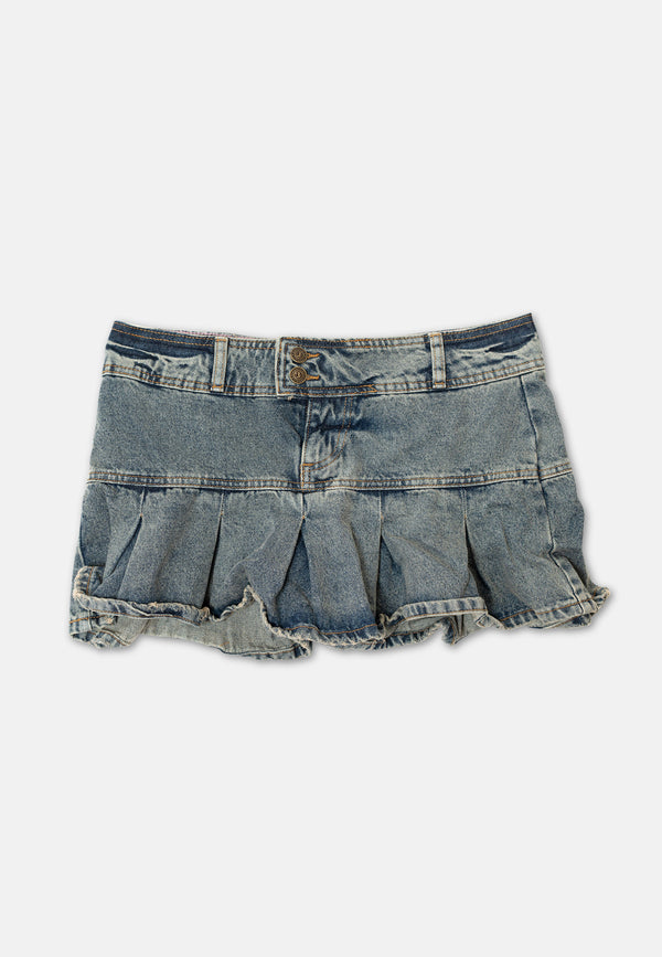 Crest mini gonna plissé in denim Vintage Wash