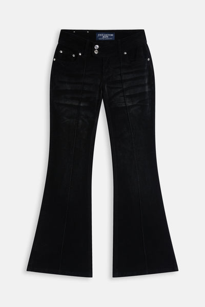 Pantaloni Flare in Velluto a Vita Bassa con Ricamo JC e Dog Crest in Strass – Lavaggio Scuro